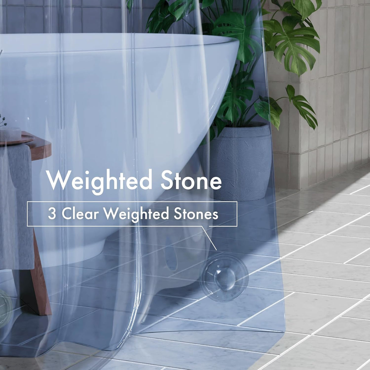 Bathroom setting with a bathtub and shower curtain labeled 'Weighted Stone'.