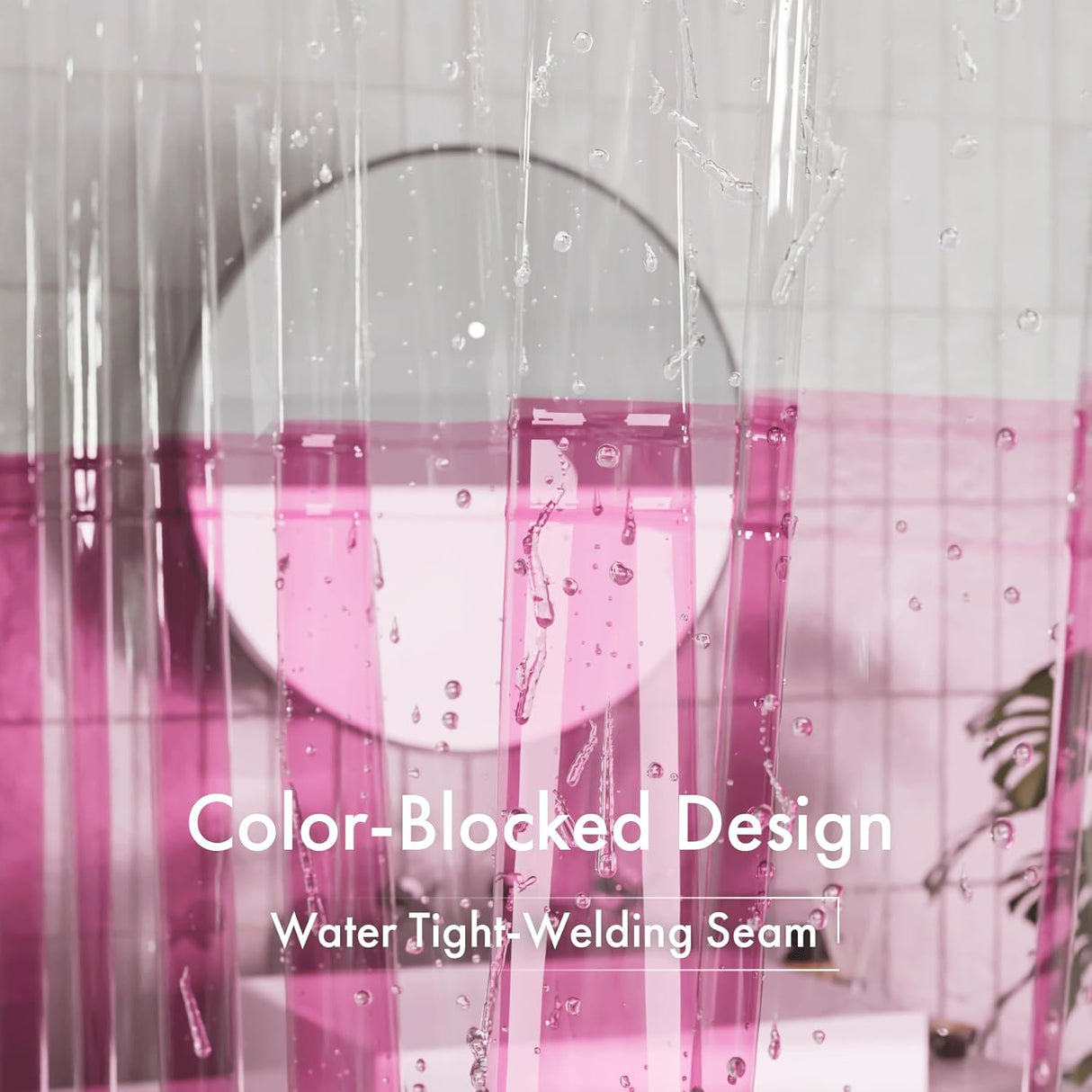 Pink and white shower curtain with water tight welding seam