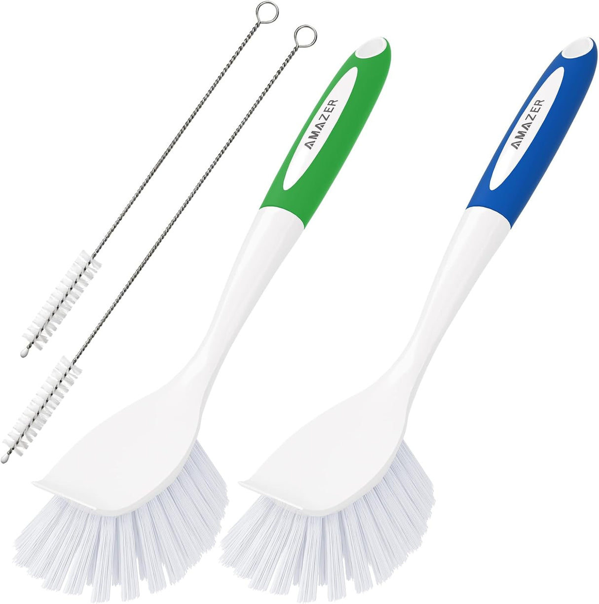 Two cleaning brushes with green and blue handles on a white background