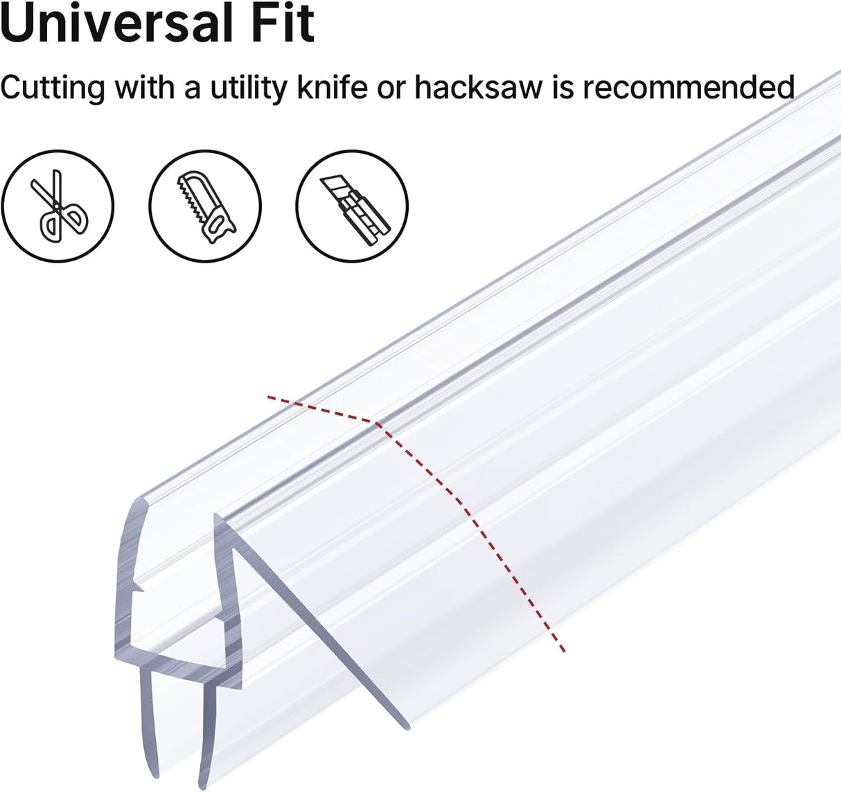 Clear silicone weather stripping with text and icons indicating cutting recommendations on a white background