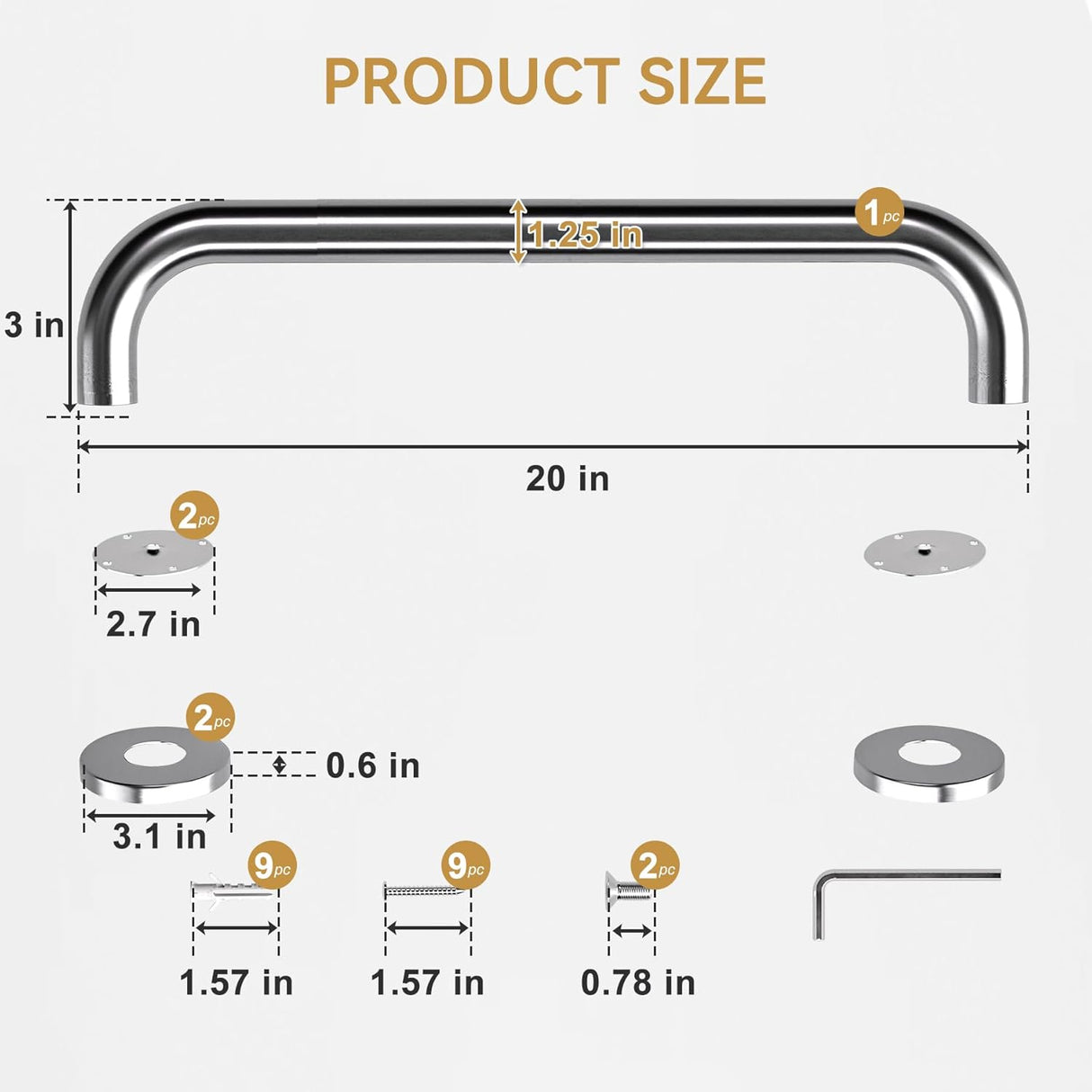 Measurement chart of a metal handle with dimensions labeled