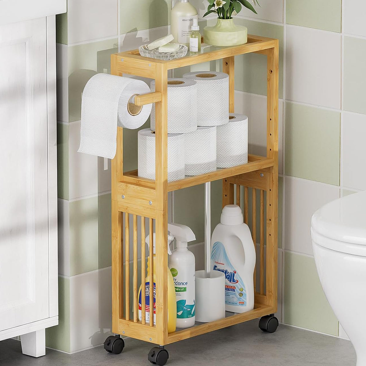 Bathroom storage cart with toilet paper, cleaning supplies, and bottles against a tiled wall.