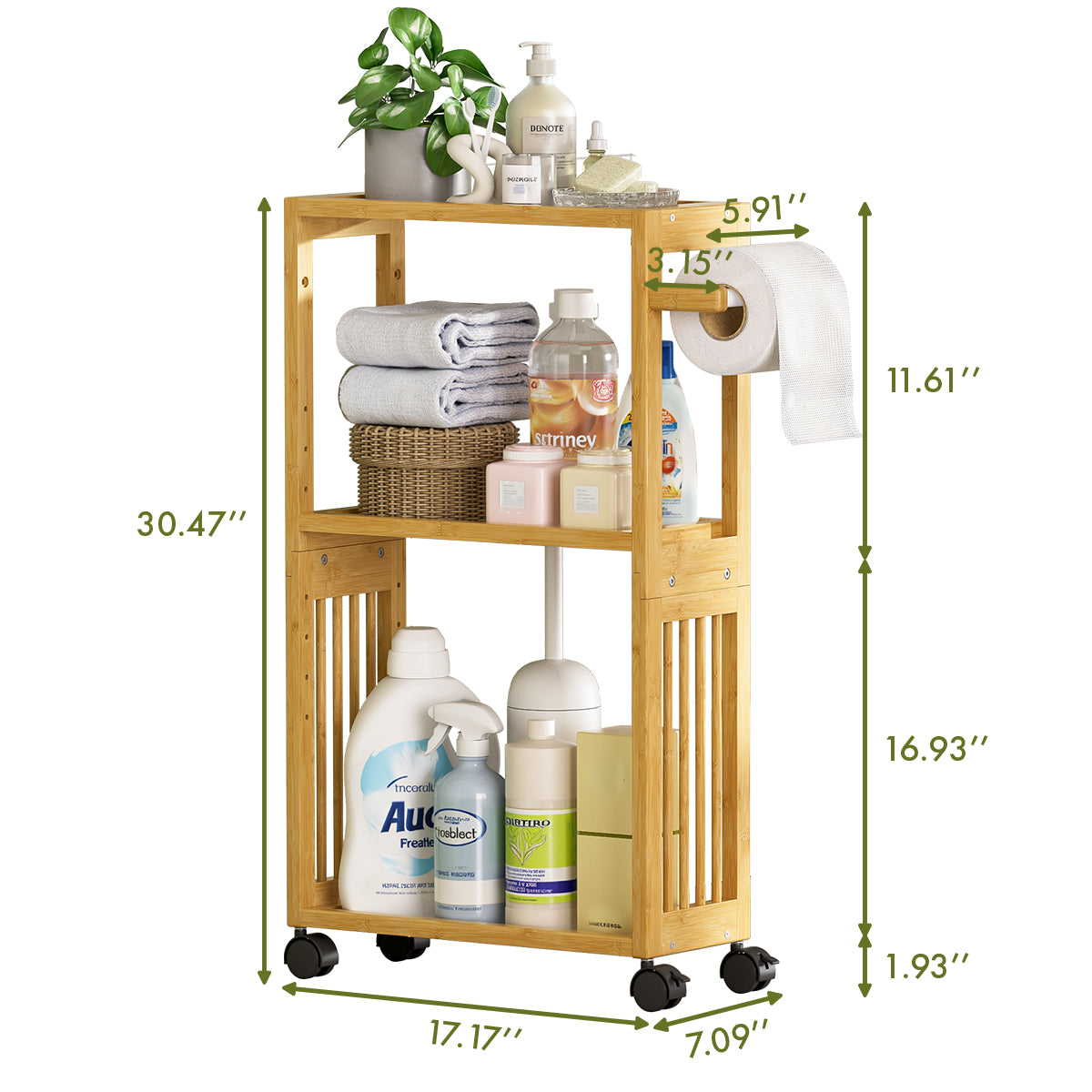 Bamboo rolling cart with shelves displaying various items and measurements on a white background