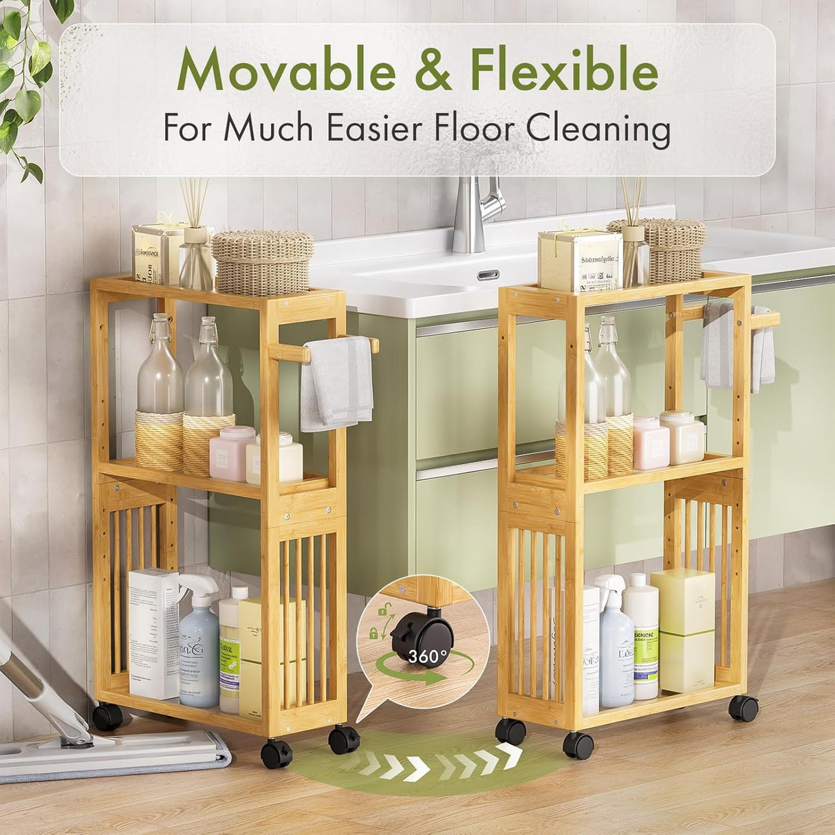 Bathroom storage cart with cleaning supplies next to a sink, emphasizing mobility and ease of cleaning.