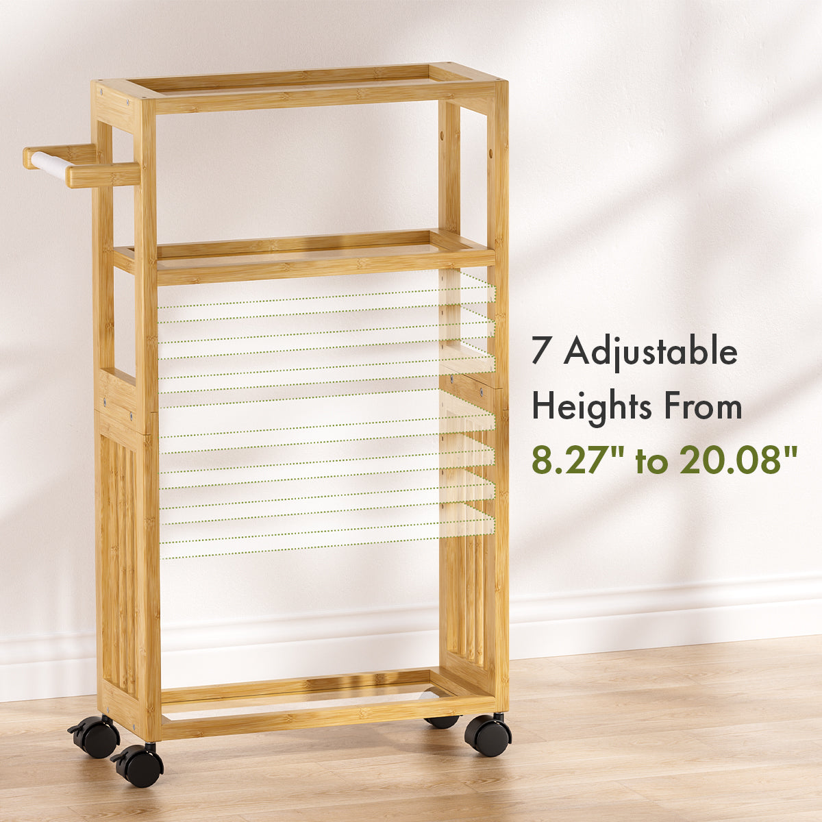 Bamboo rolling cart with adjustable height options on a plain background