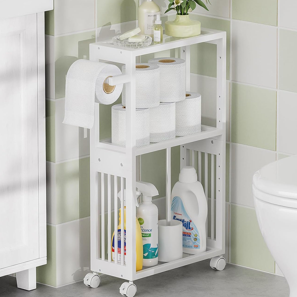 White storage cart with cleaning supplies in a bathroom setting