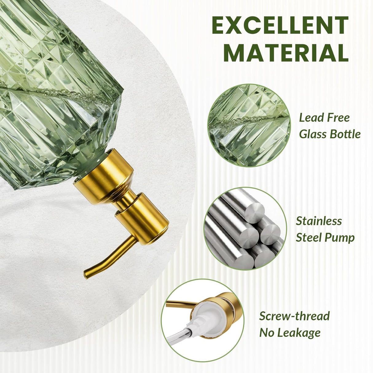 Green glass bottle with gold pump and text highlighting excellent material features.