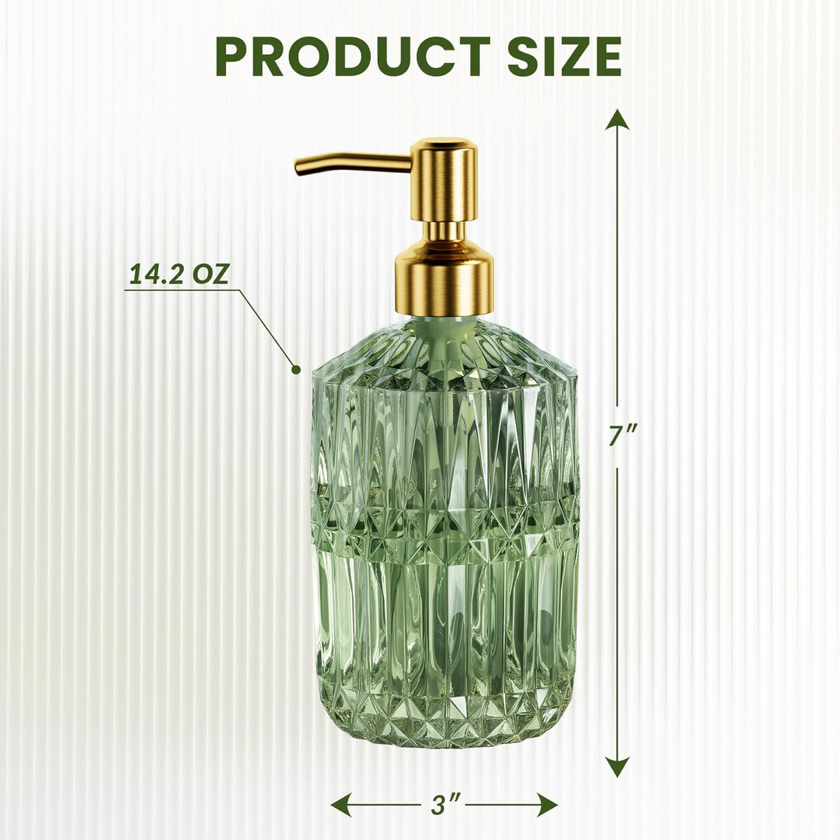 Green glass soap dispenser with gold pump labeled 'Product Size' on a white background