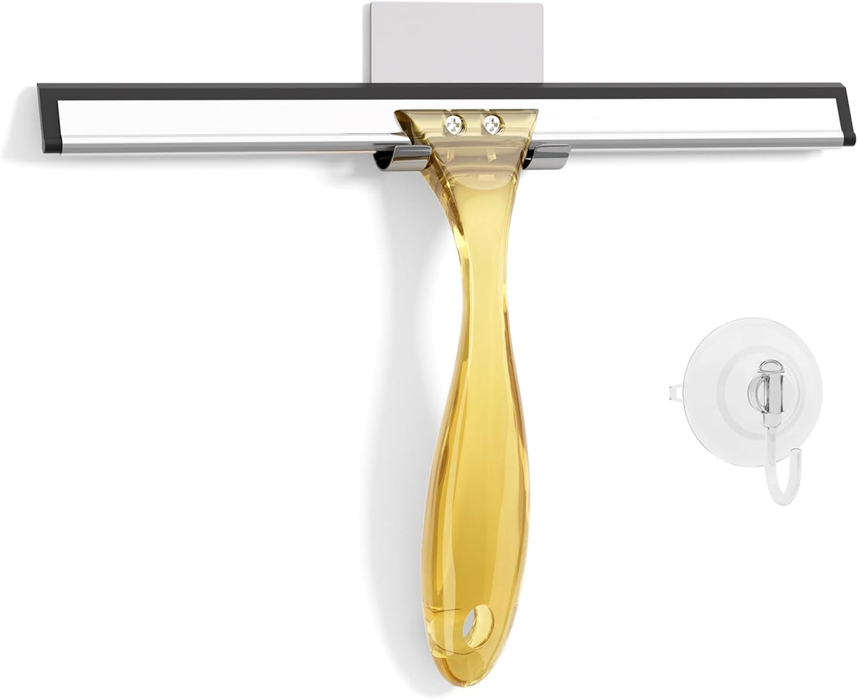 Window cleaning tool with gold handle and black squeegee on a white background