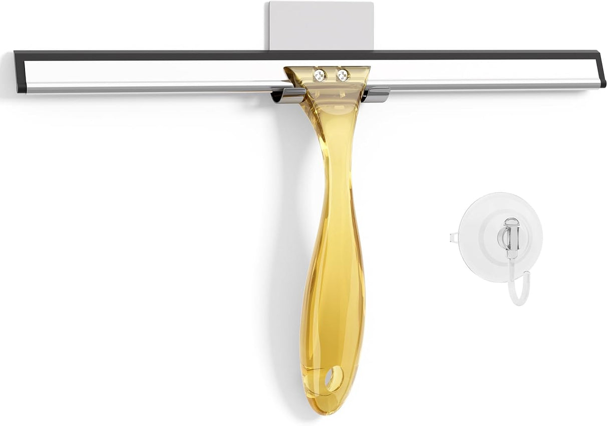 Window cleaning tool with gold handle and black squeegee on a white background