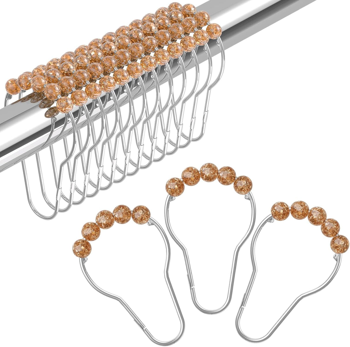 Shower curtain hooks with brown beads on a white background
