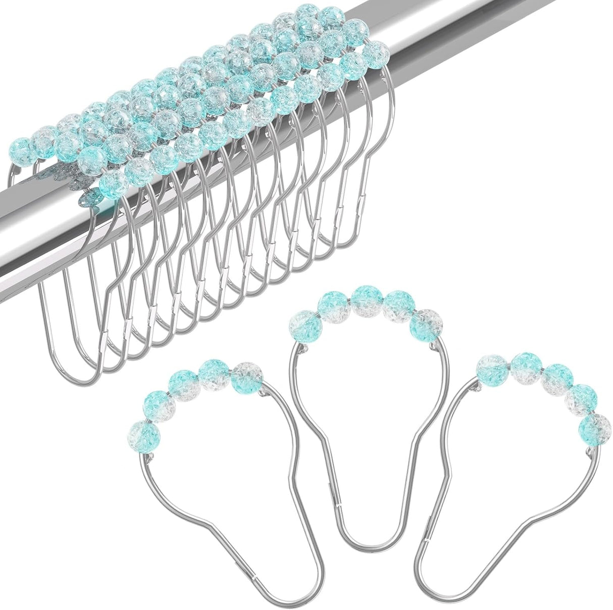 Shower curtain hooks with blue beads on a white background