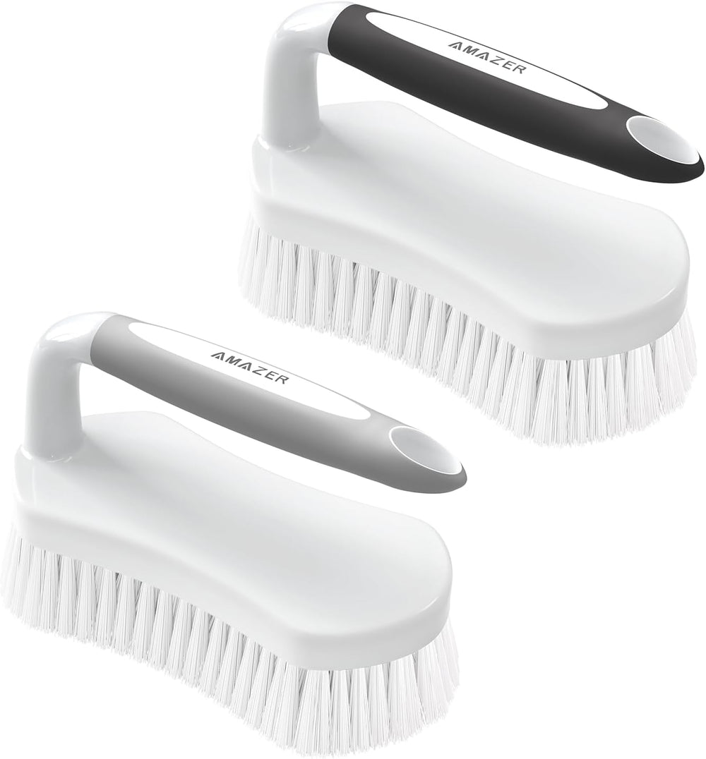 Two white cleaning brushes with black handles labeled 'Amazer' on a white background.