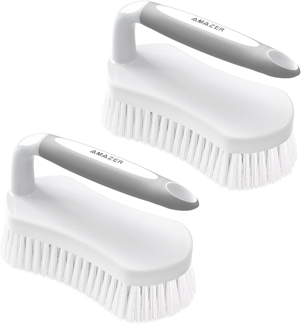 Two white cleaning brushes with handles on a white background, branded 'Amazer'.