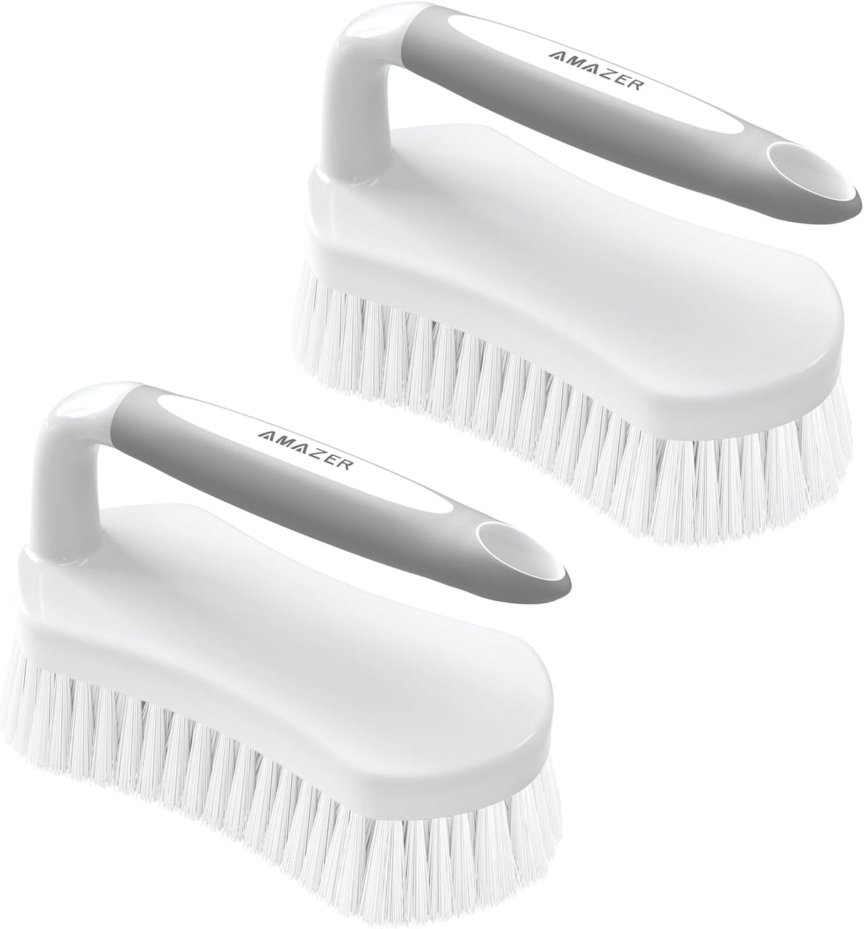 Two white cleaning brushes with handles on a white background, branded 'Amazer'.