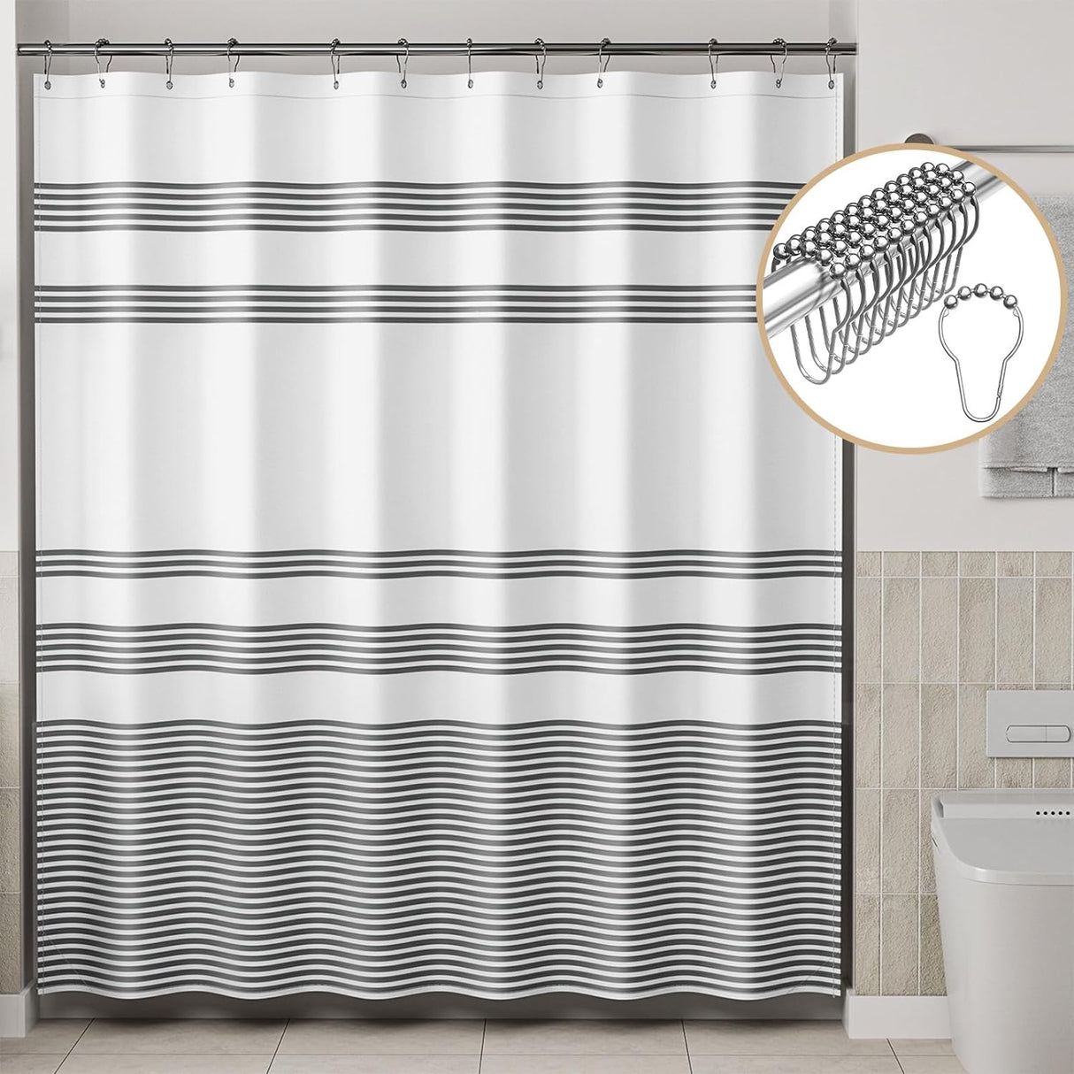 Stripe Design Shower Curtain with Rings