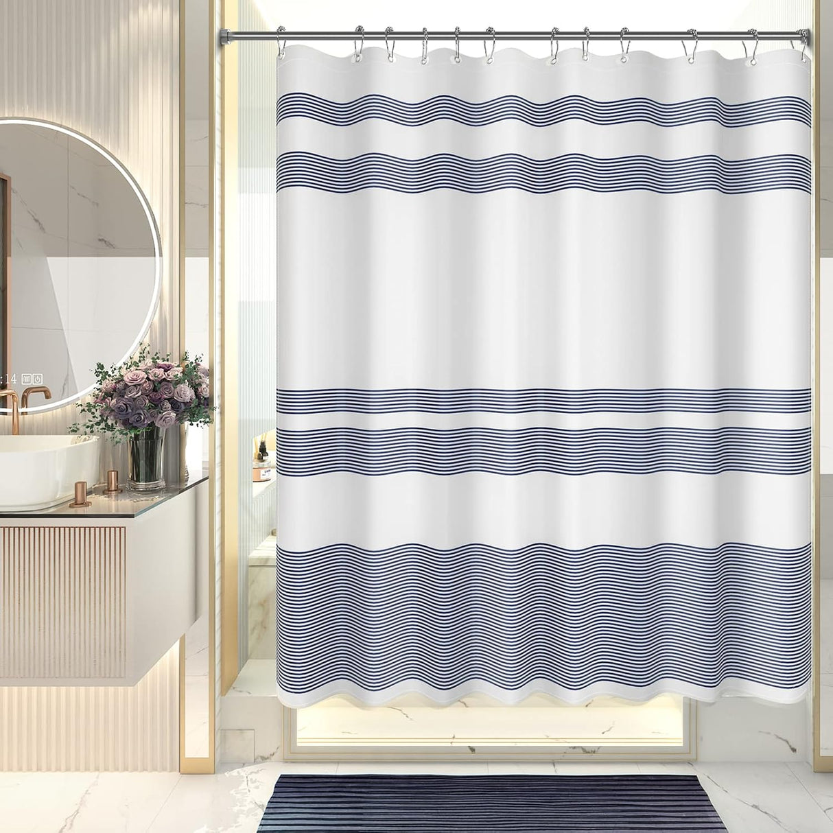Stripe Design Shower Curtain with Rings