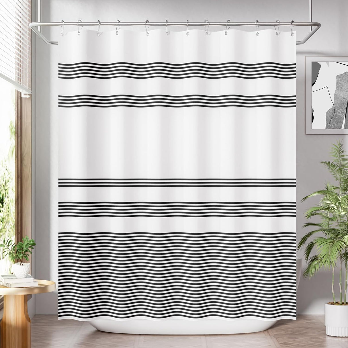 Shower curtain with black wavy stripes in a bathroom setting