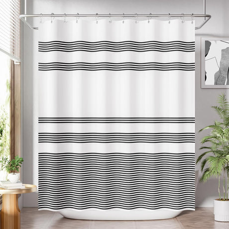 Shower curtain with black wavy stripes in a bathroom setting