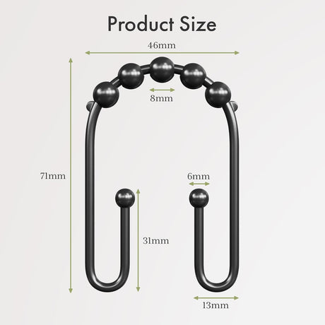 Black beaded product with measurements on a light gray background