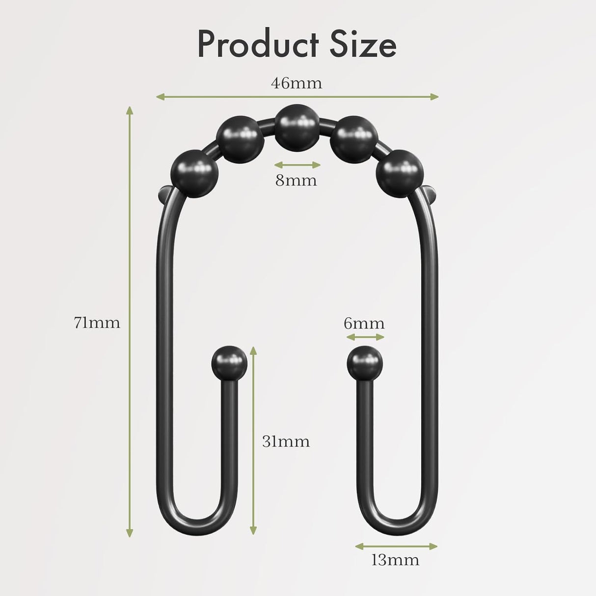 Black beaded product with measurements on a light gray background