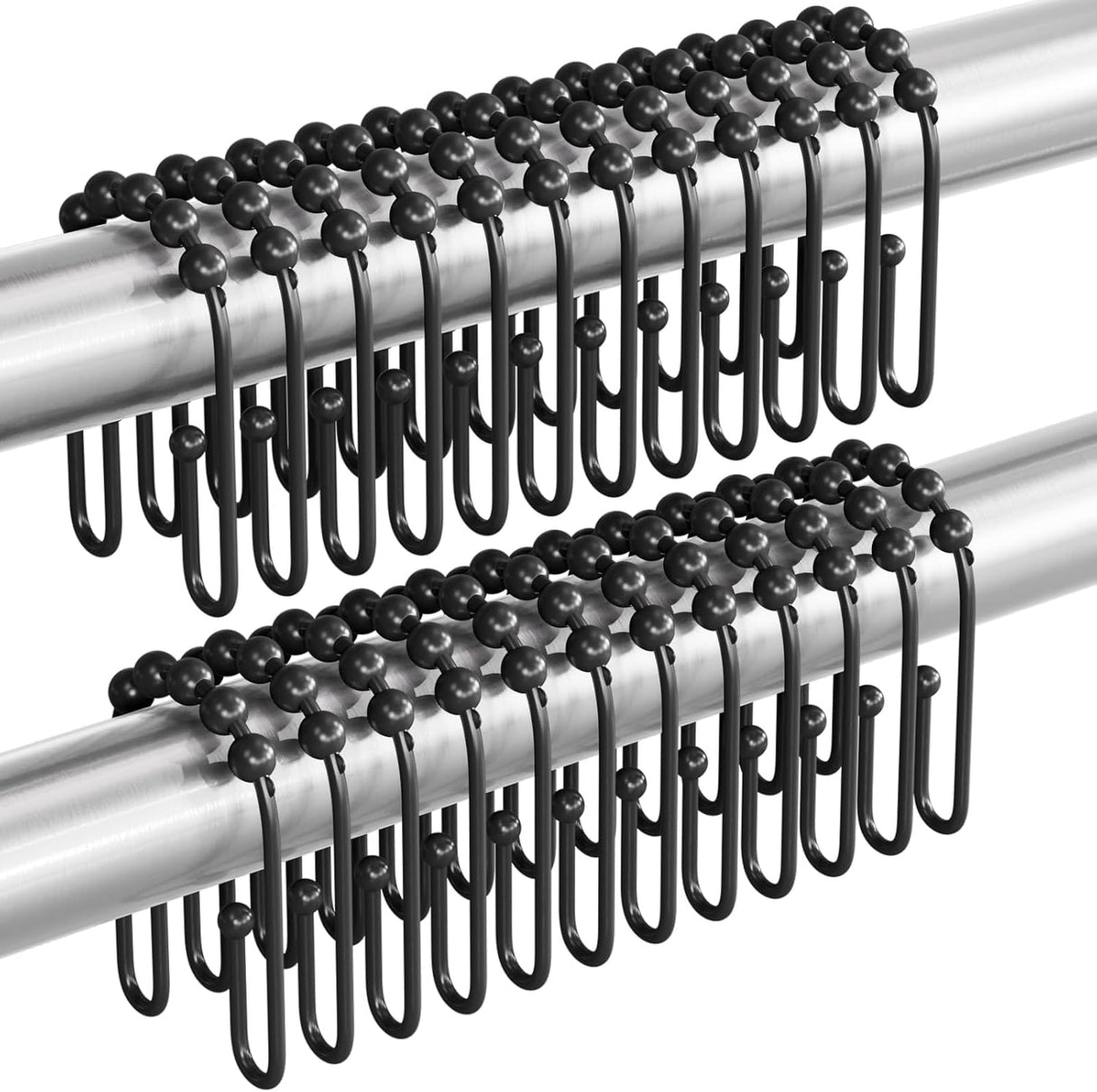 Black curtain hooks on a white background