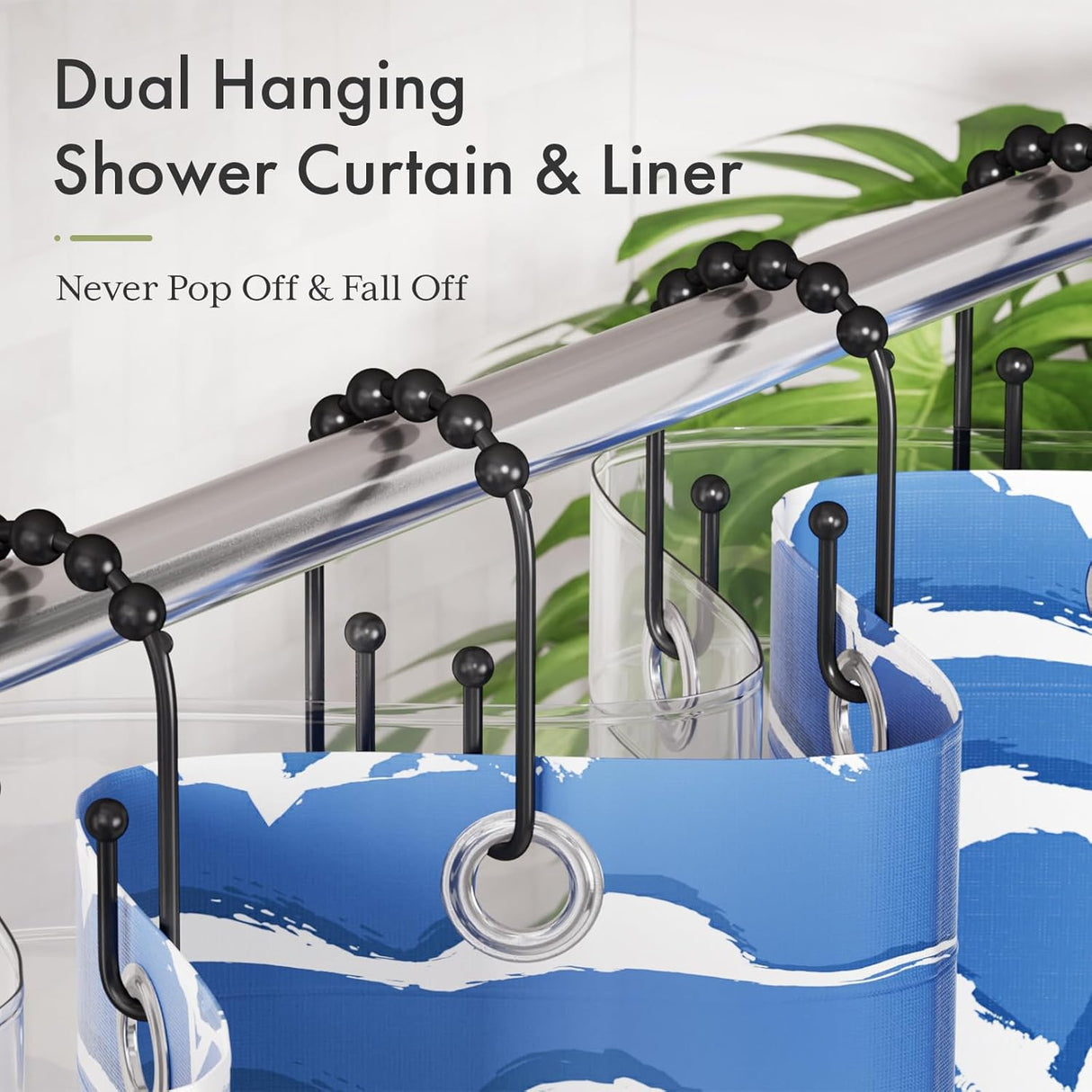 Dual hanging shower curtain with liner and black hooks on a white background