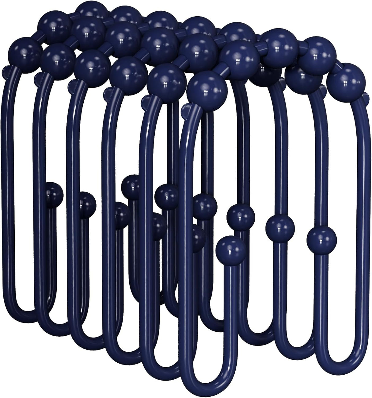 Navy blue shower curtain hooks on a white background