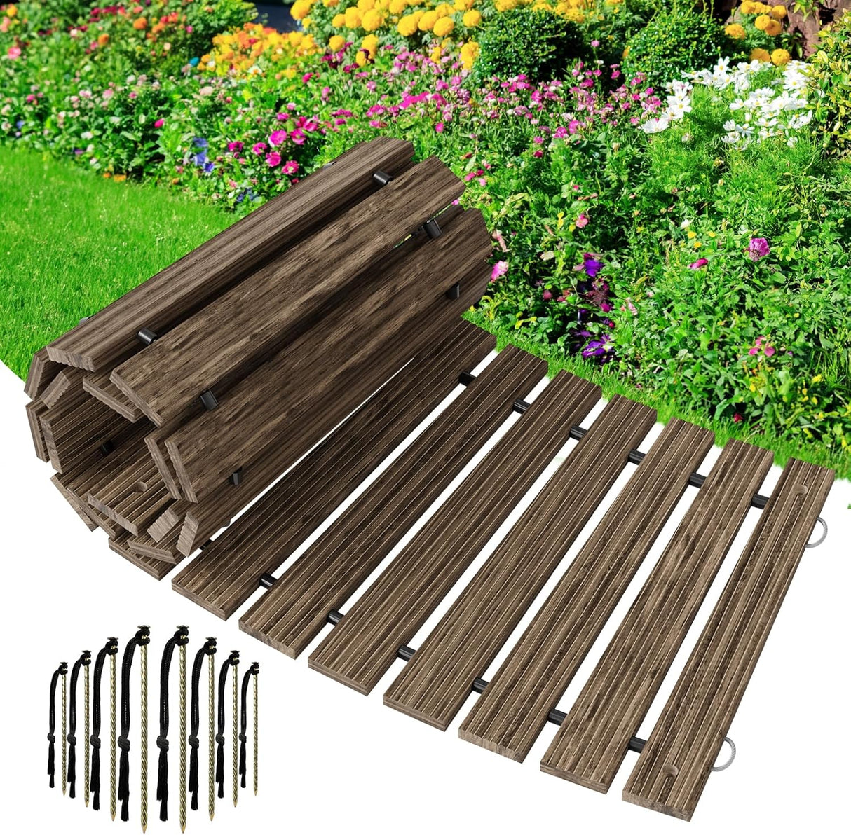Wooden deck tiles with screws on a garden background