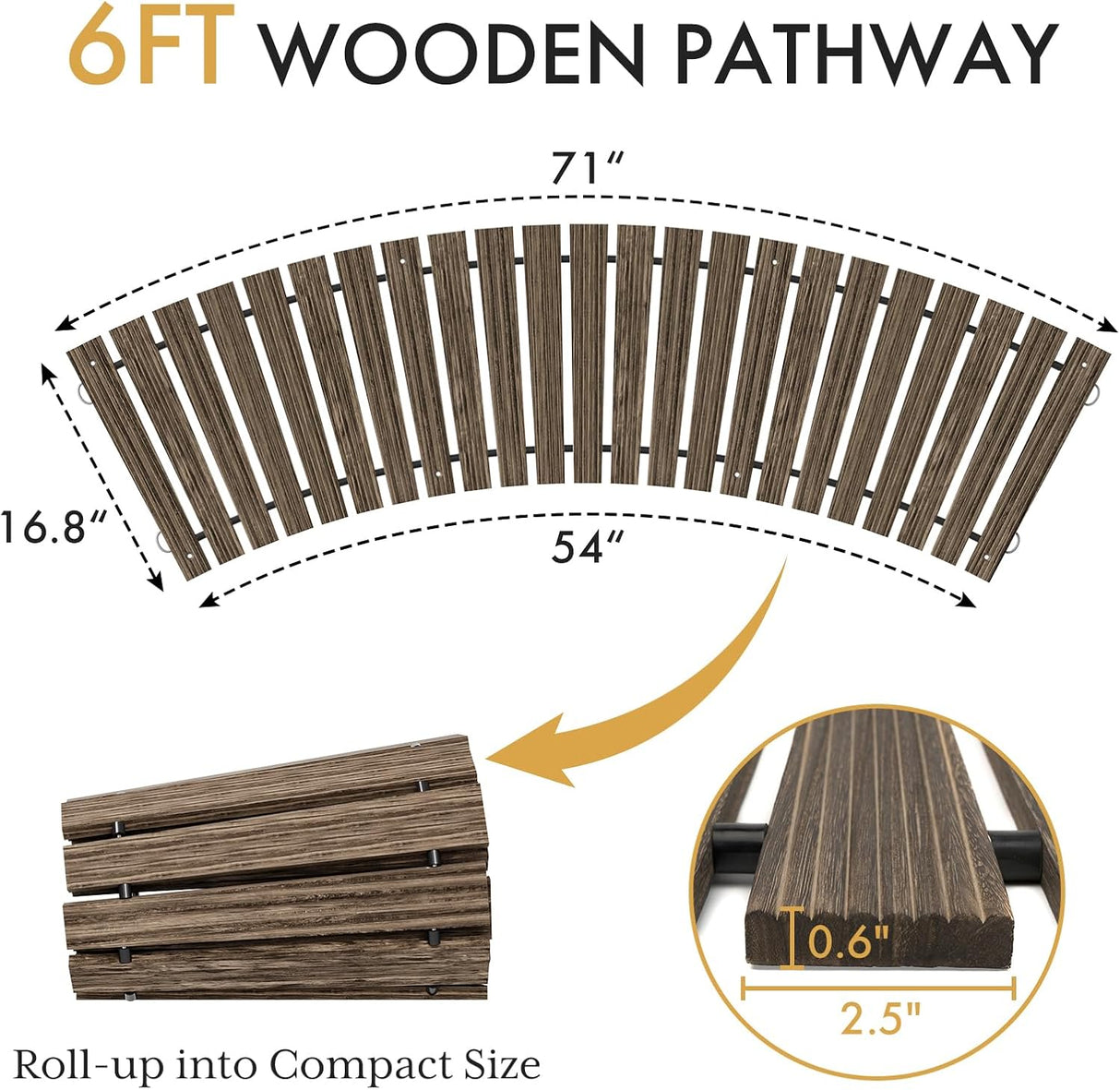 Wooden pathway with dimensions and roll-up feature on a white background