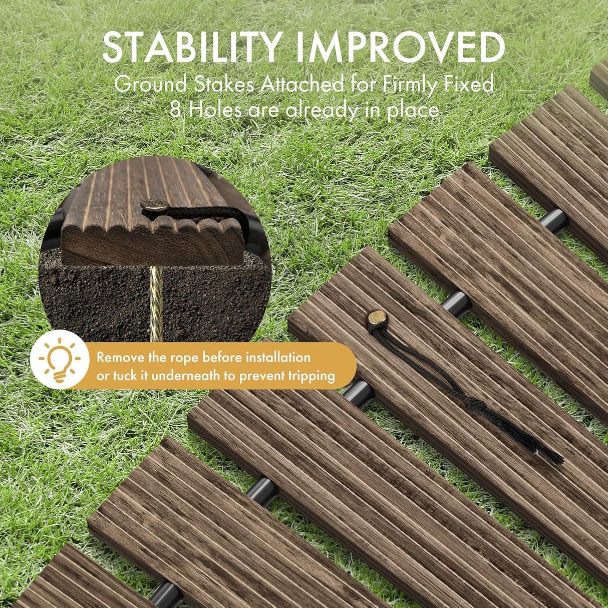 Wooden deck tiles with ground stakes on grass, text indicating improved stability.