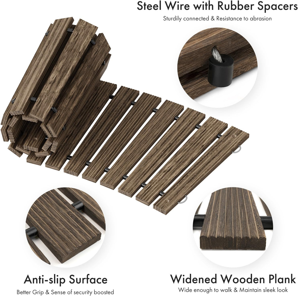 Wooden deck planks with steel wire and rubber spacers, highlighting anti-slip surface and widened design.