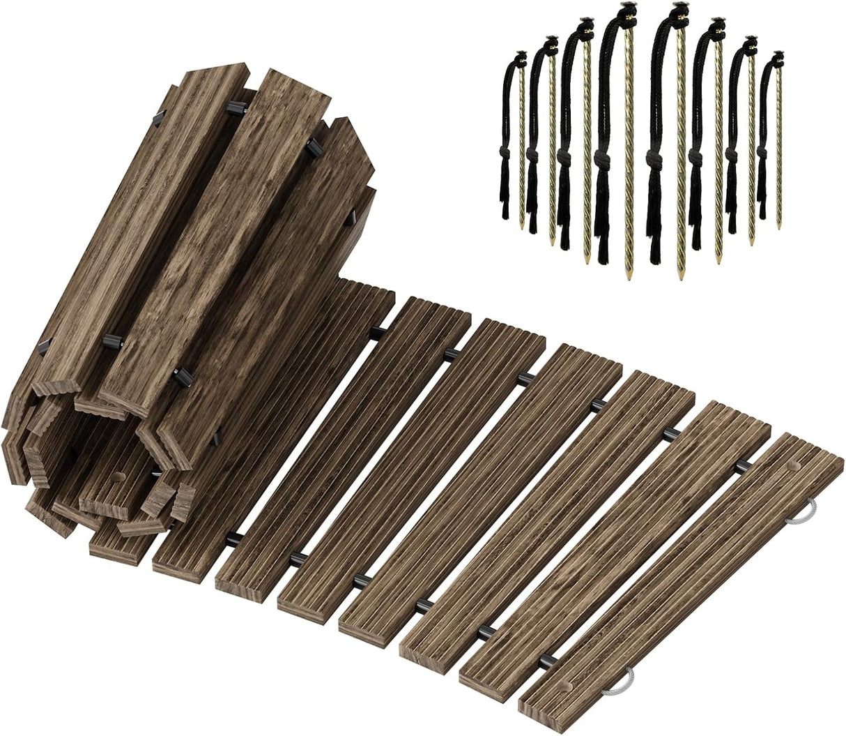 Wooden deck boards and fasteners on a white background