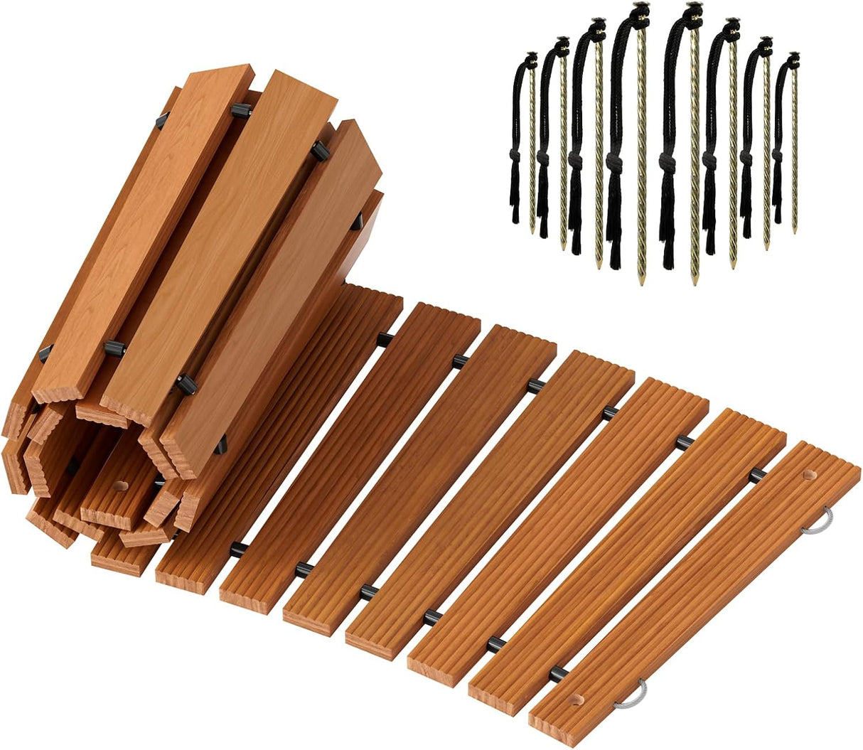 Wooden deck boards with fasteners on a white background