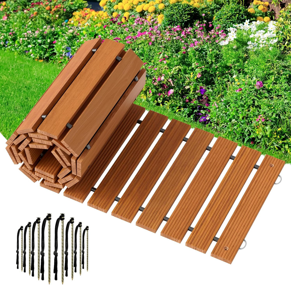 Wooden deck tiles with installation hardware on a garden background