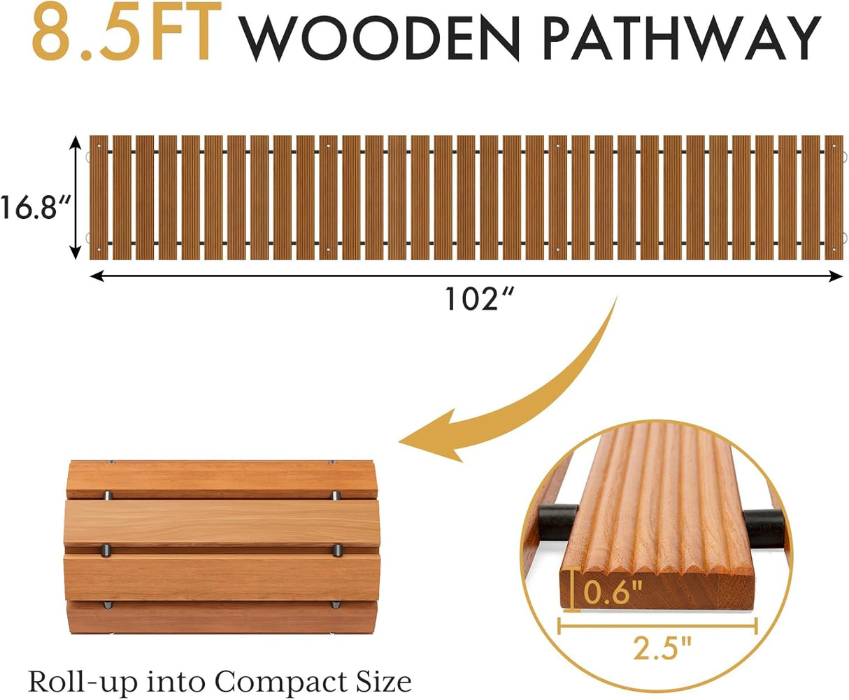 Wooden pathway roll with dimensions and compact size illustration on a white background