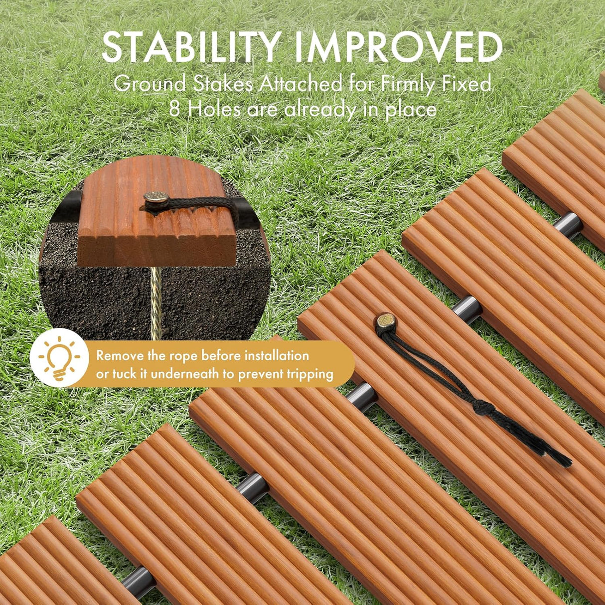 Brown ground stakes on grass with text about improved stability and installation instructions.
