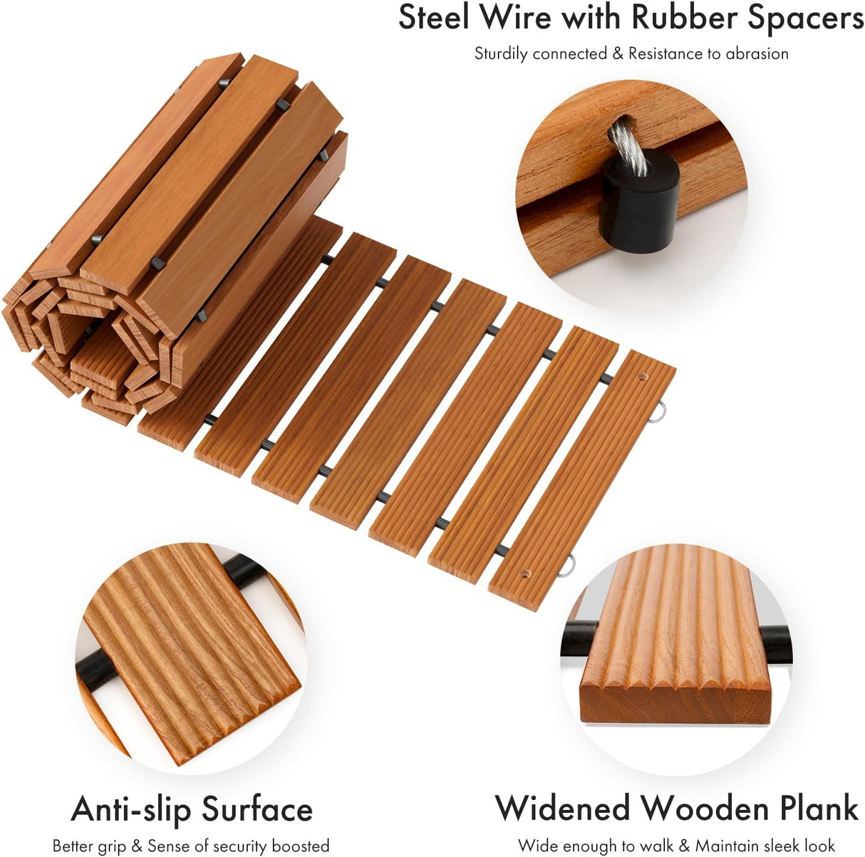 Wooden deck boards with steel wire and rubber spacers, highlighting anti-slip surface and widened planks.