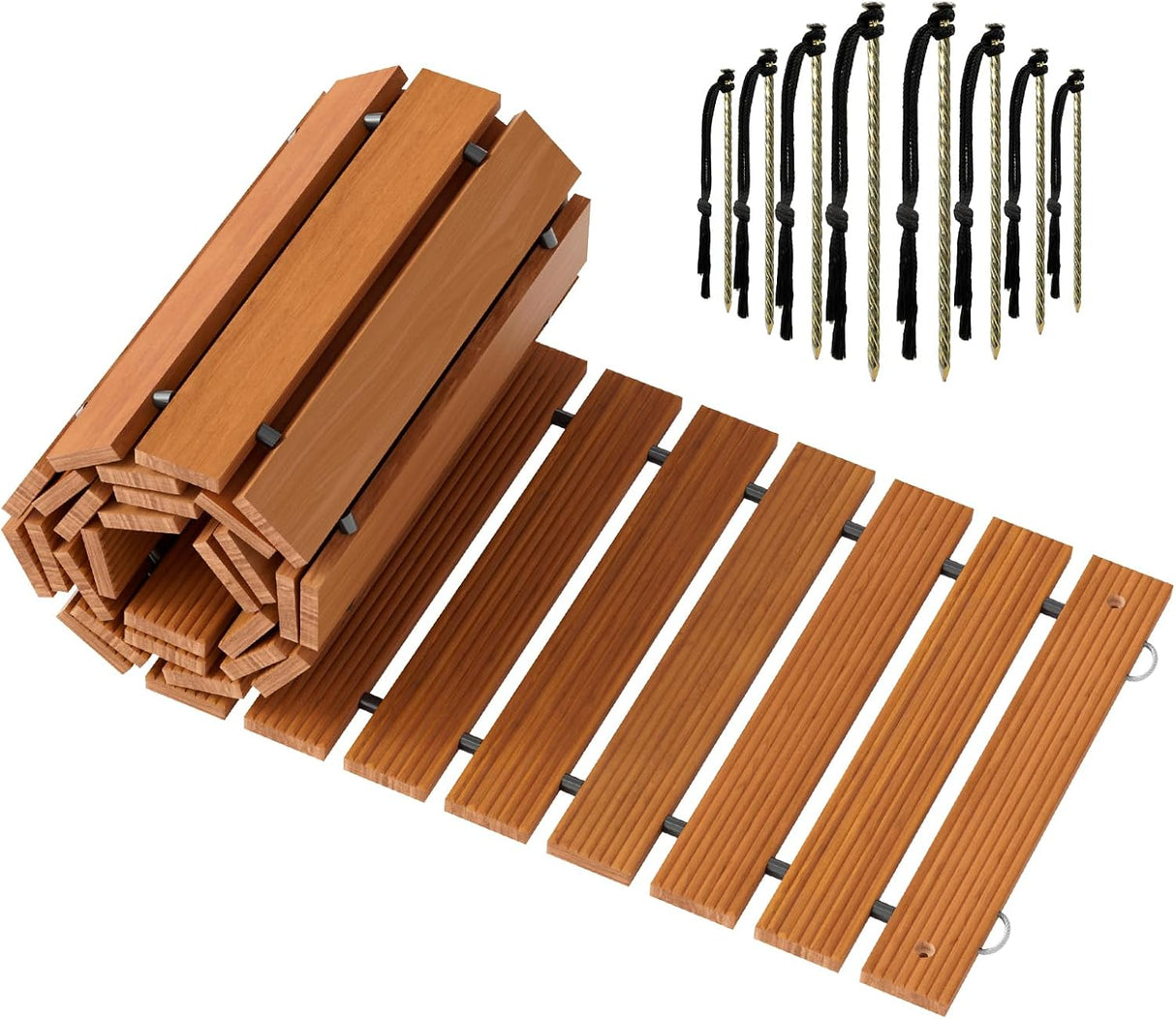 Wooden deck tiles with installation hardware on a white background