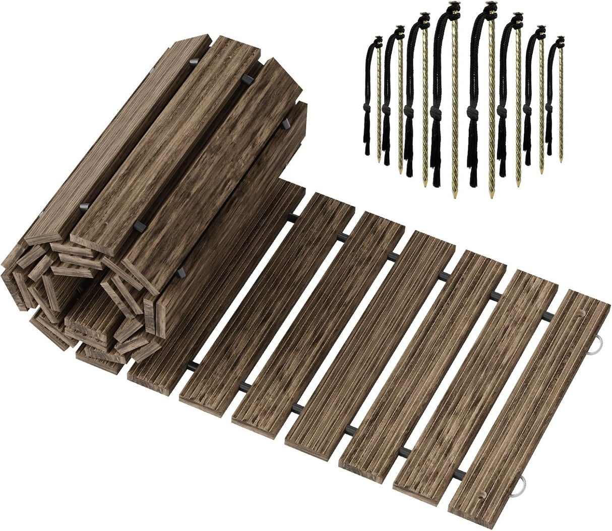 Wooden deck tiles and installation hardware on a white background