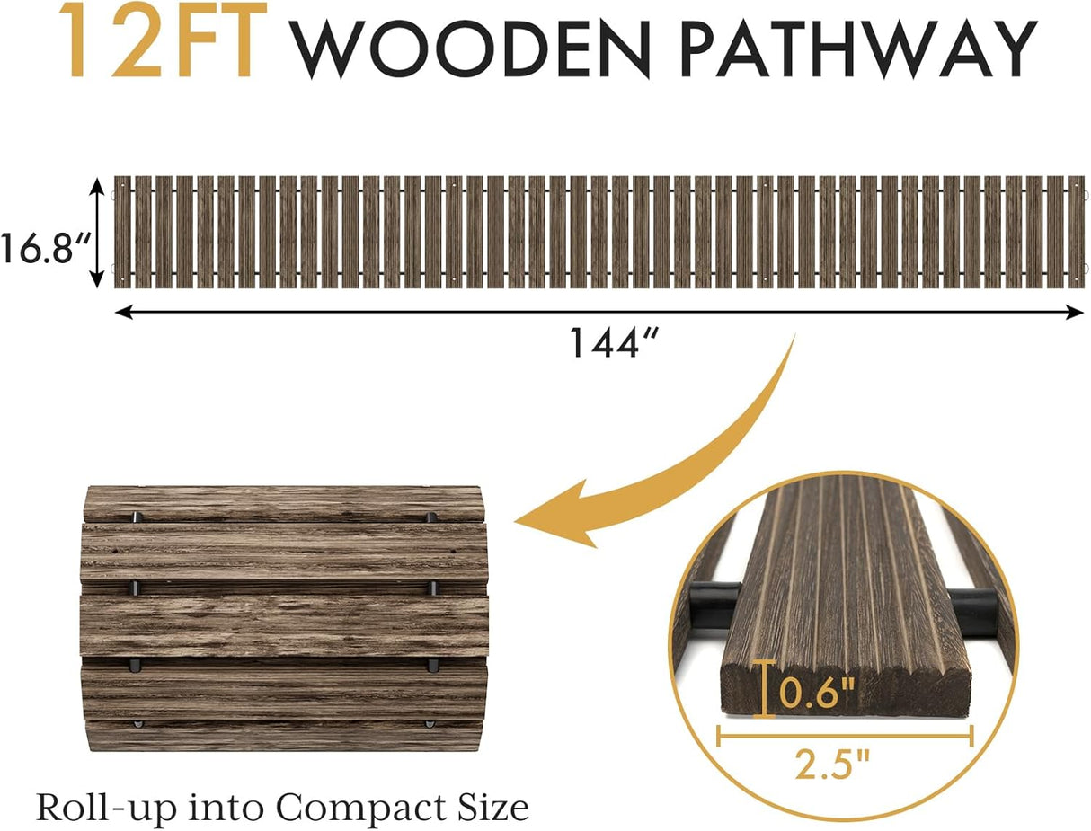 12ft wooden pathway with dimensions and compact size illustration