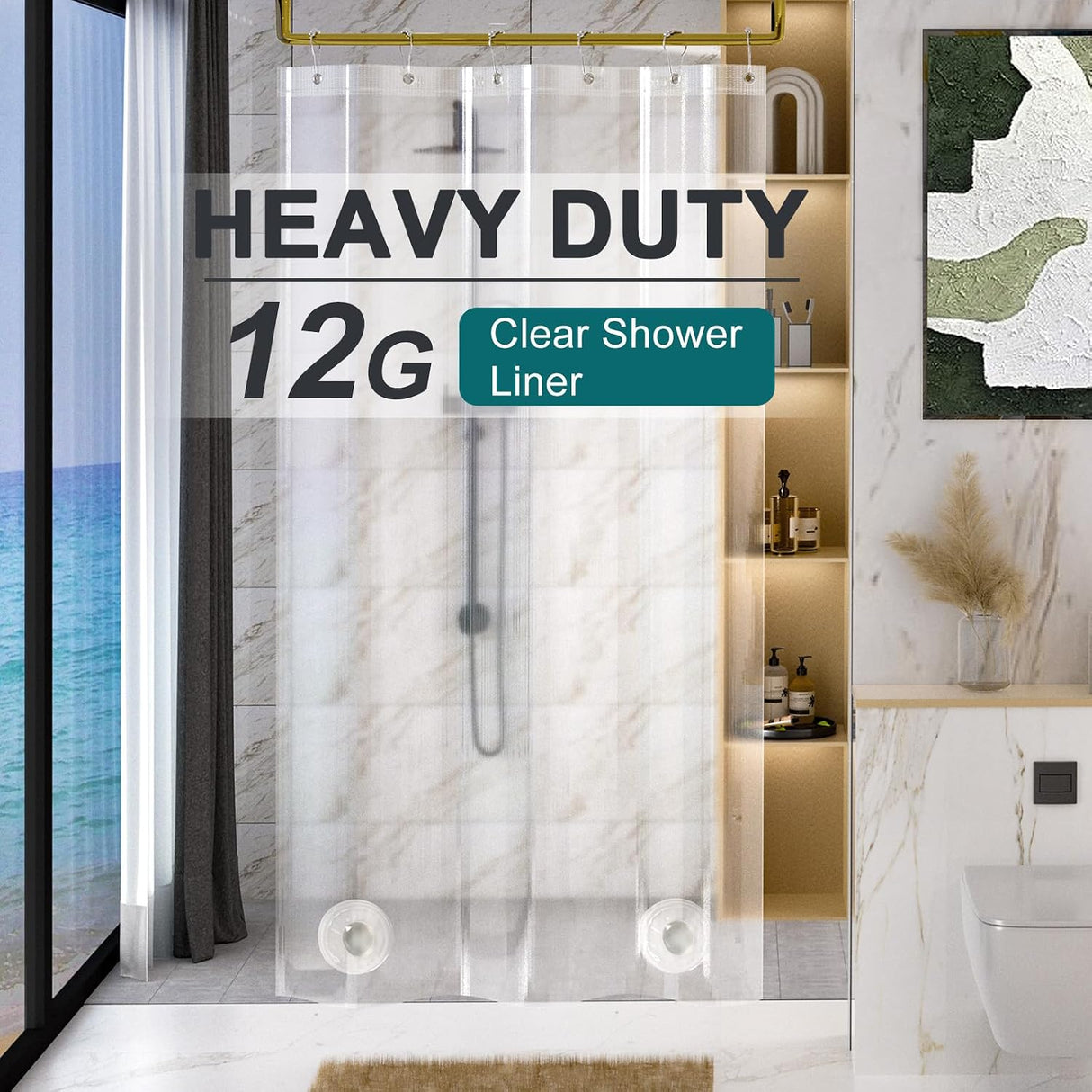 AmazerBath Clear Vinyl Shower Curtain Liner, 12G Heavy Duty & Weighted in 36"W x 72"L, main product image.