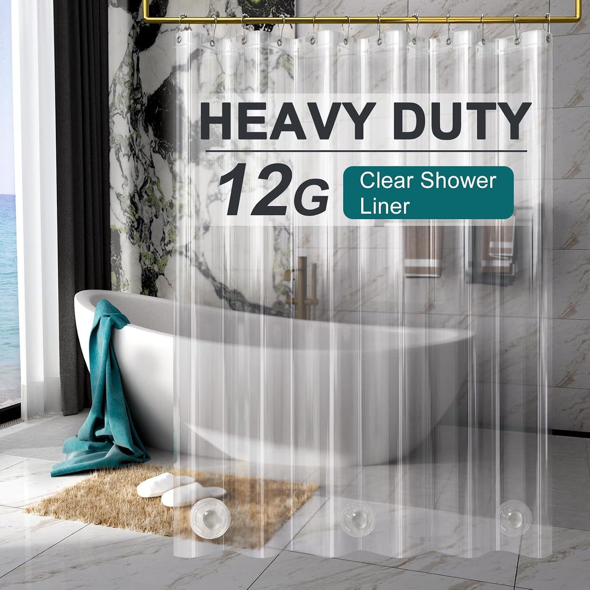 AmazerBath Clear Vinyl Shower Curtain Liner, 12G Heavy Duty & Weighted in 72"W x 78"L, main product image.