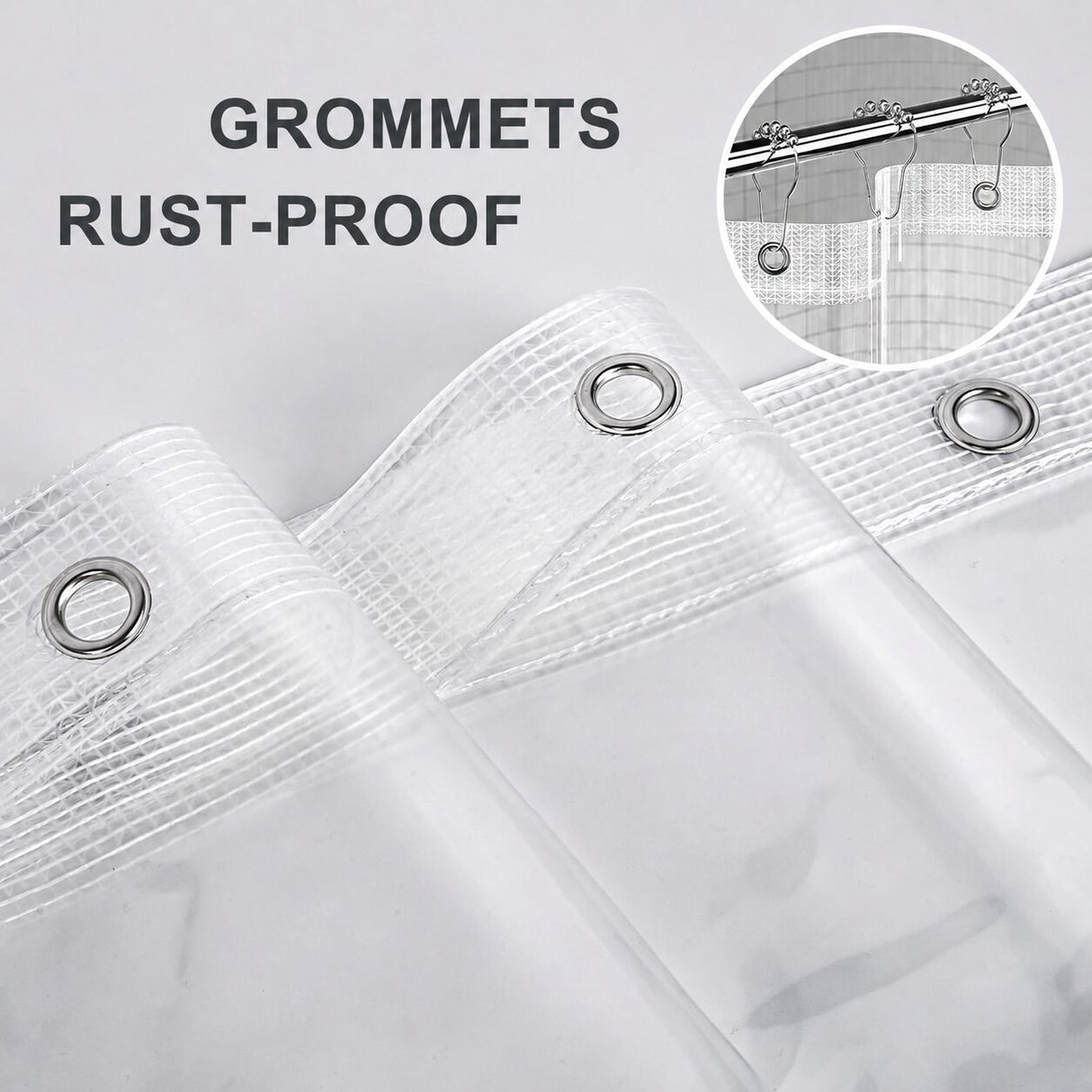 Close-up of the clear AmazerBath 12G vinyl shower curtain liner with rust-resistant metal grommets.
