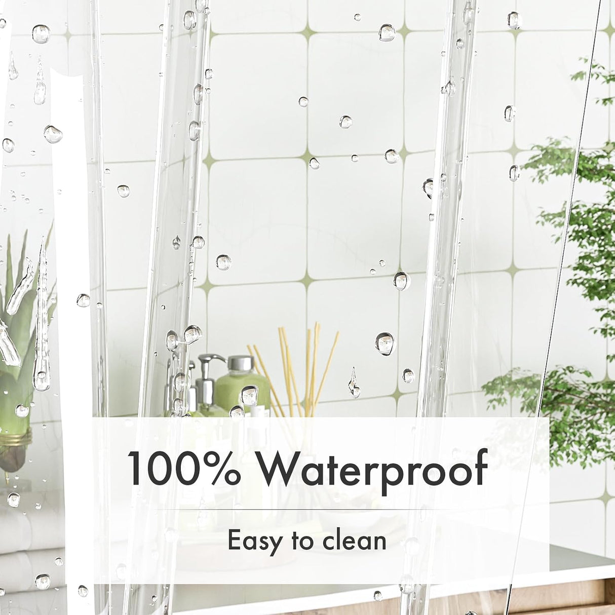 Water droplets on AmazerBath 5G clear PEVA shower curtain liner highlighting waterproof, easy-clean performance.
