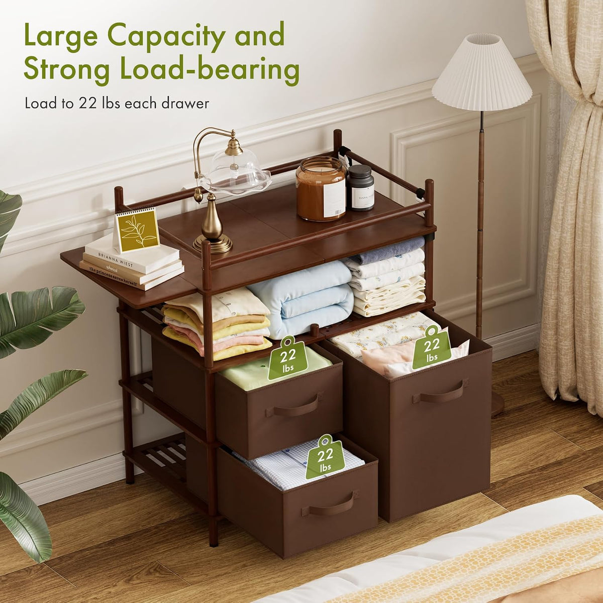 AmazerBath Dark Brown bamboo baby changing table in a nursery with adjustable side panels shown beside the changing surface.