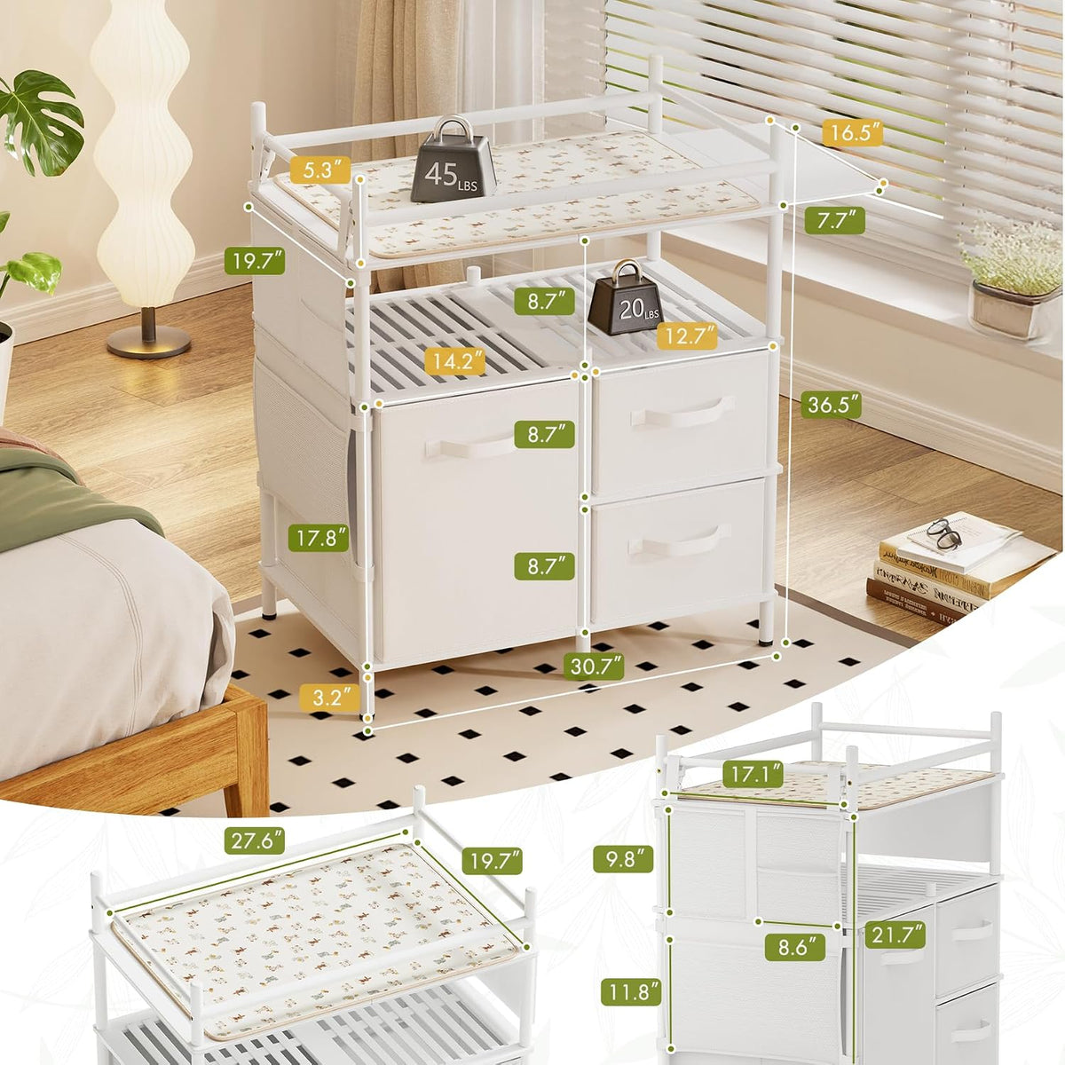 AmazerBath White bamboo baby changing table size guide showing the overall dimensions, drawer sizes, and shelf spacing.
