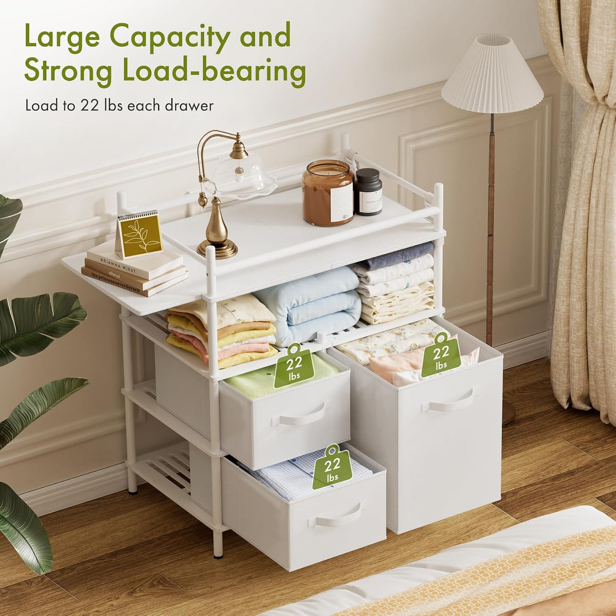 AmazerBath White bamboo baby changing table with open drawers and shelves demonstrating large storage capacity and load support.
