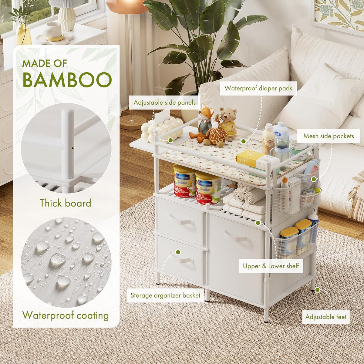 AmazerBath White bamboo baby changing table highlighting thick bamboo, waterproof coating, storage shelves, and side pockets.