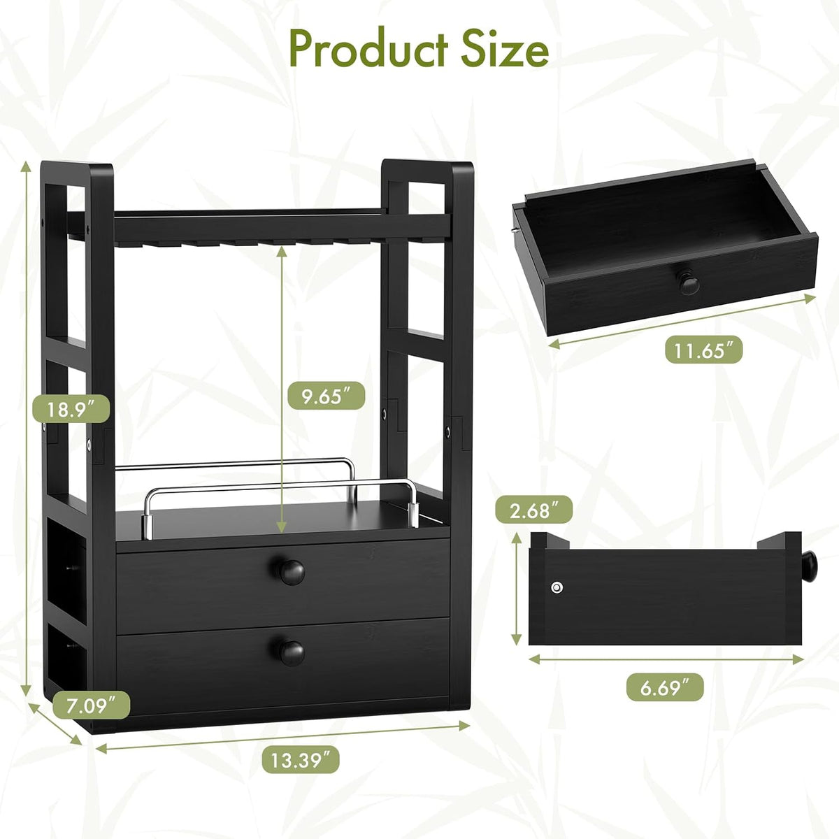 Bamboo Countertop Vanity Organizer in black size and dimensions chart.
